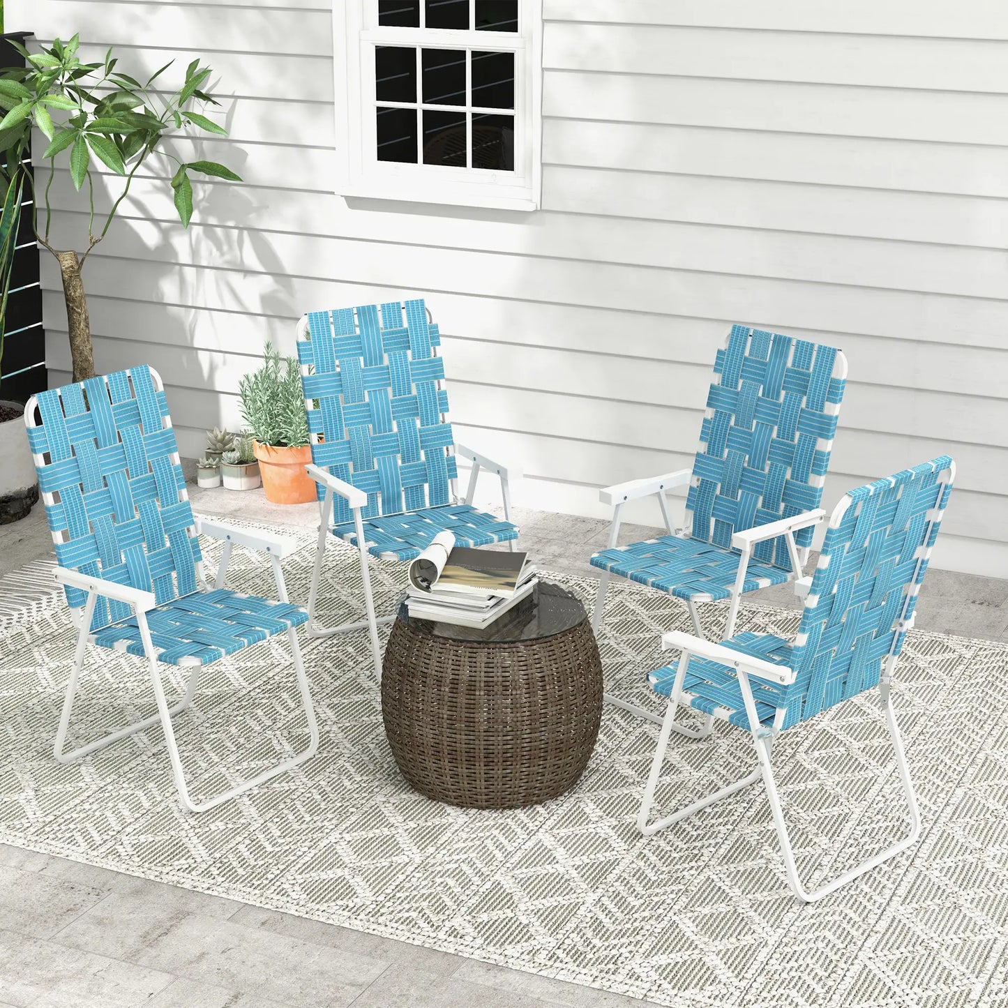 Set of 4 Folding Patio Chairs, Portable with Armrests, Blue Patio Chairs at Gallery Canada