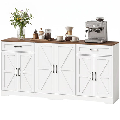 71" Sideboard Buffet Cabinet, Coffee Bar, 2 Drawers, 6 Barn Doors, White