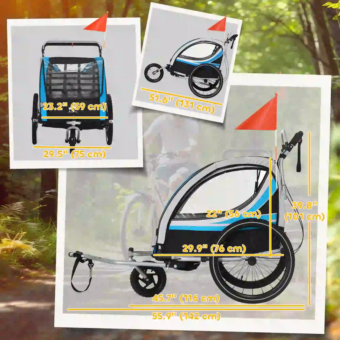 3-In-1 Bike Trailer, 2 Seats, 5-Point Harness, Storage, Blue Kids Bike Trailers at Gallery Canada