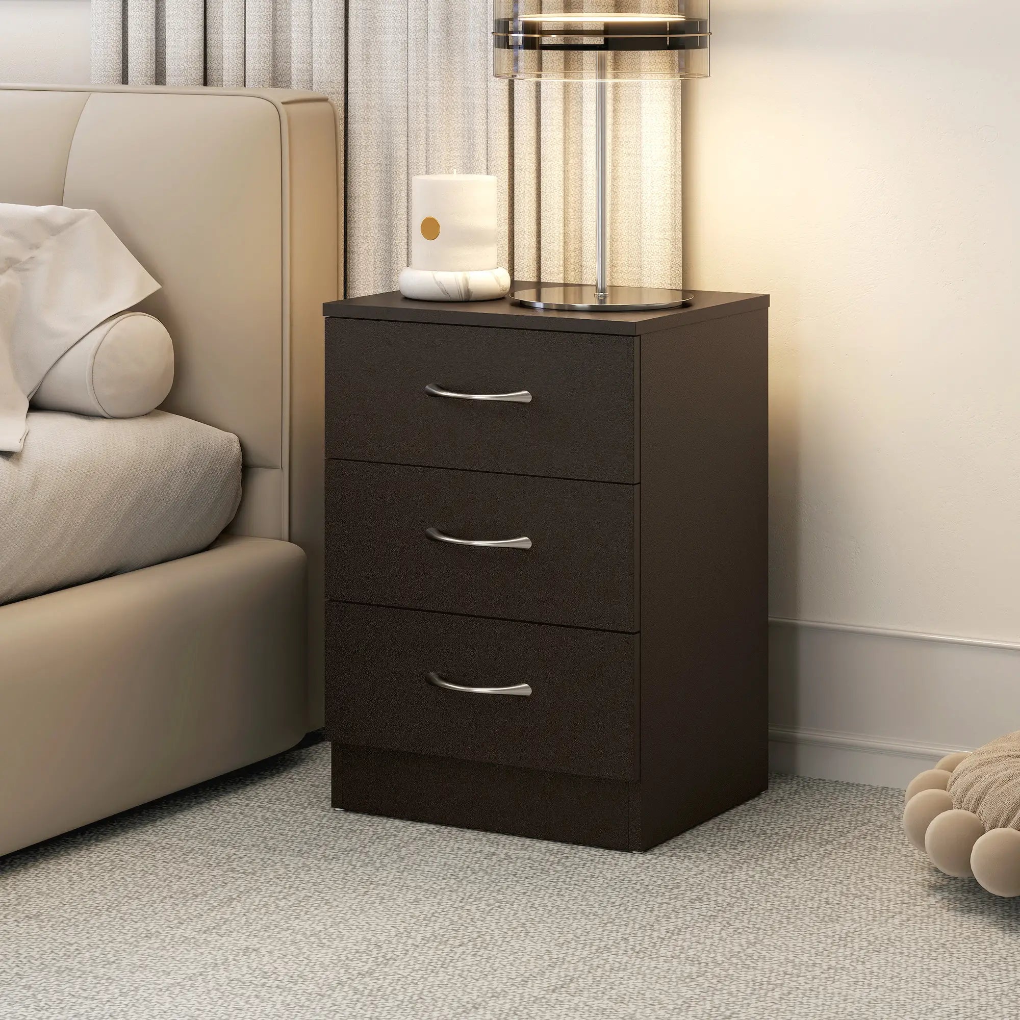 Bedside Table, 3 Drawers, Metal Rail, Dark Brown Bedside Tables at Gallery Canada
