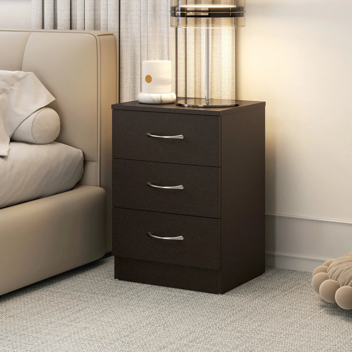 Bedside Table, 3 Drawers, Metal Rail, Dark Brown Bedside Tables at Gallery Canada