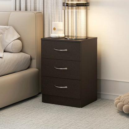 Bedside Table, 3 Drawers, Metal Rail, Dark Brown Bedside Tables at Gallery Canada