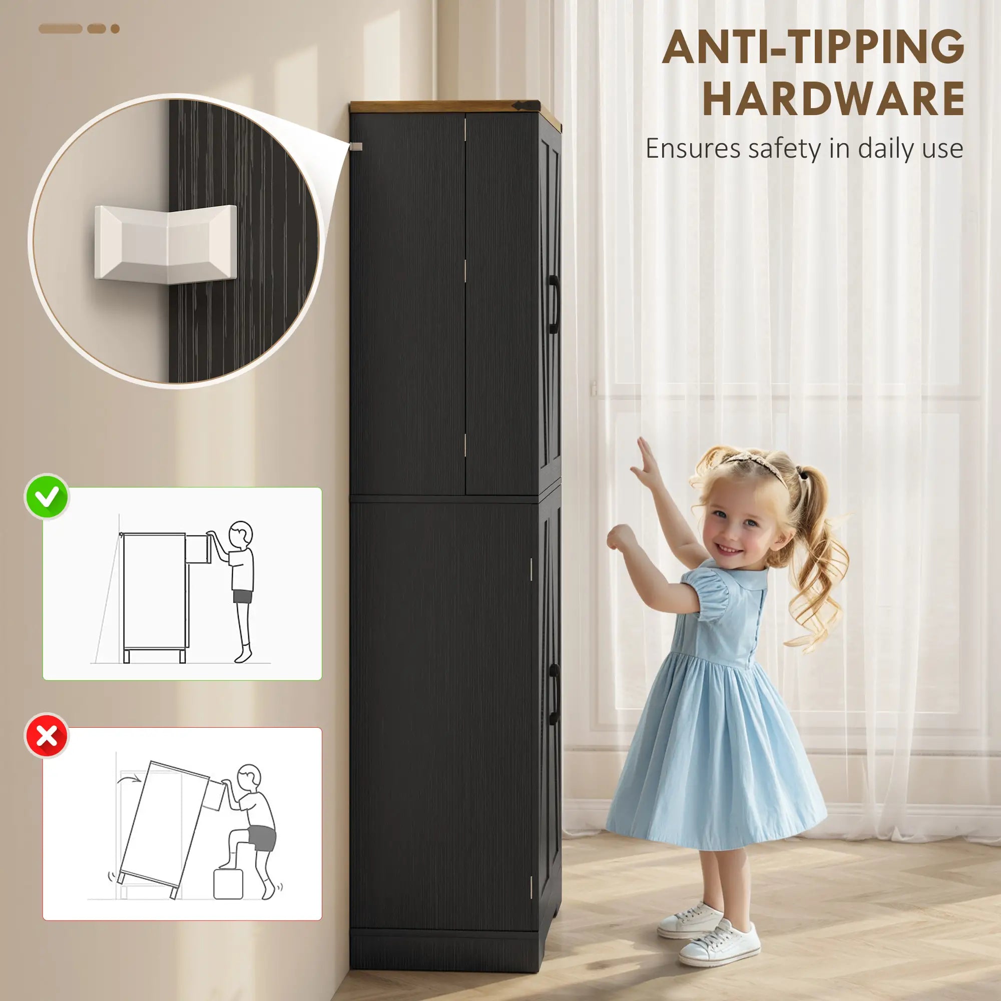 72 Inch Kitchen Pantry Cabinet, 4 Doors, Drawer, Shelves, Black Kitchen Pantry Cabinets at Gallery Canada