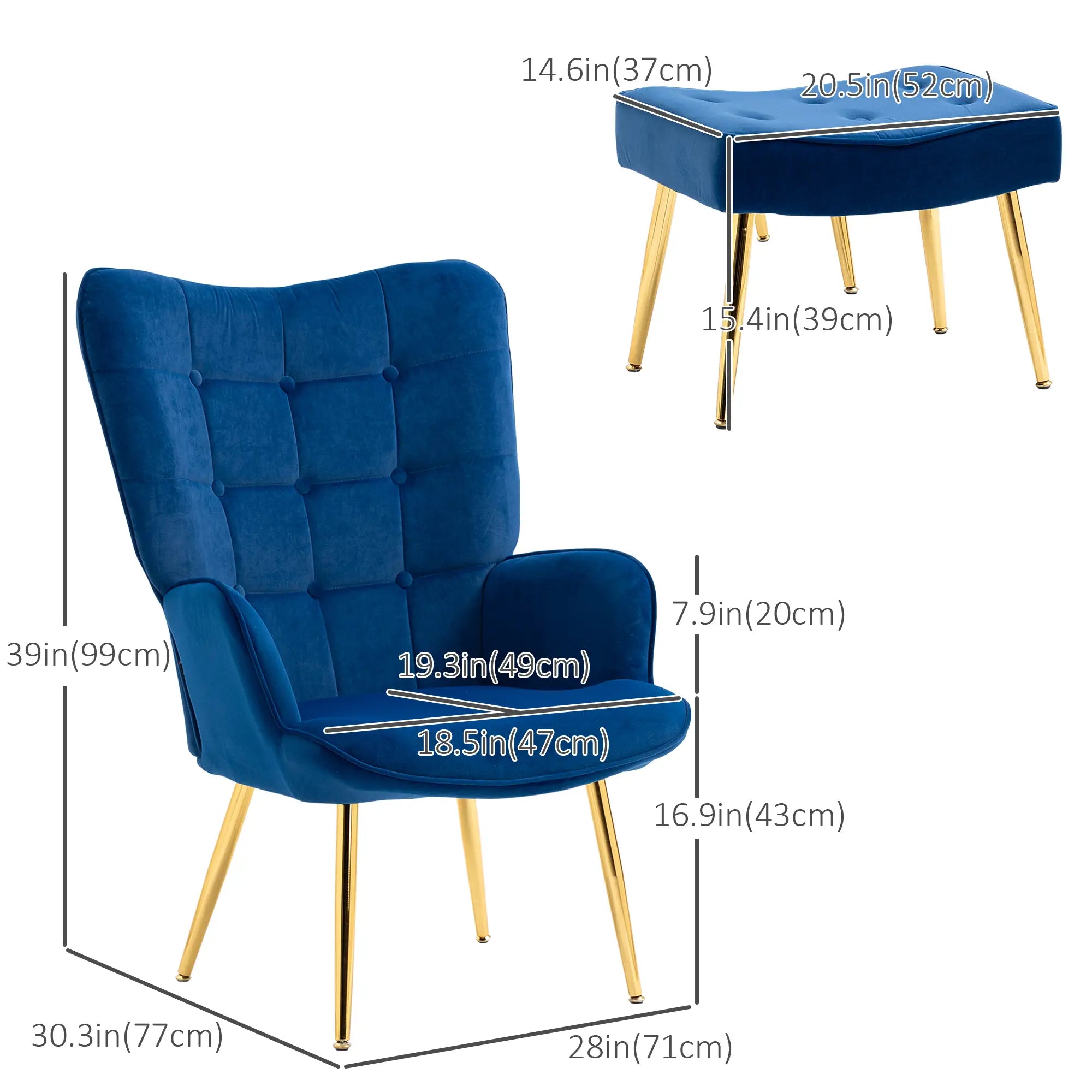 Modern Accent Chair with Ottoman, Upholstered Armchair, Gold Legs, Dark Blue Accent Chairs at Gallery Canada