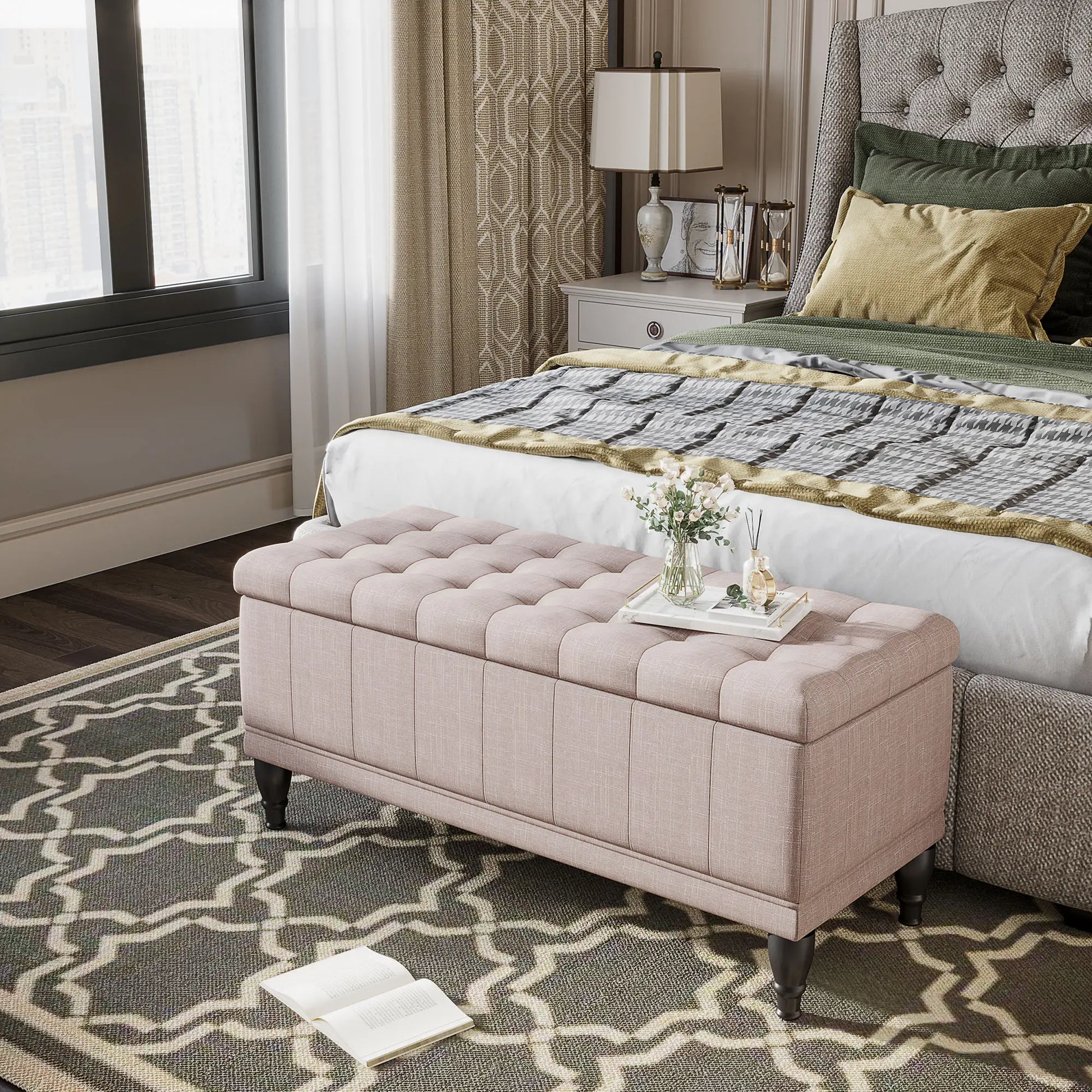 Storage Ottoman, Linen Fabric Bench with Soft Close Lid, 42" x 17" x 19", Beige Storage Ottomans & Benches at Gallery Canada