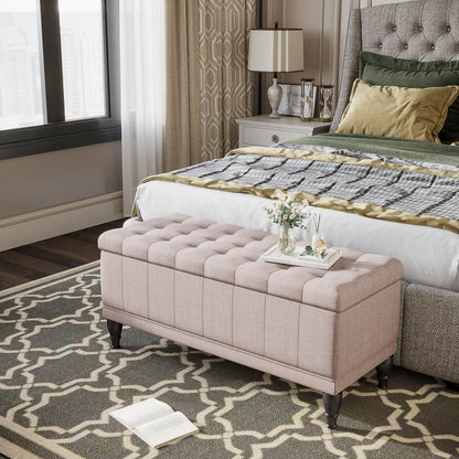 Storage Ottoman, Linen Fabric Bench with Soft Close Lid, 42" x 17" x 19", Beige Storage Ottomans & Benches at Gallery Canada
