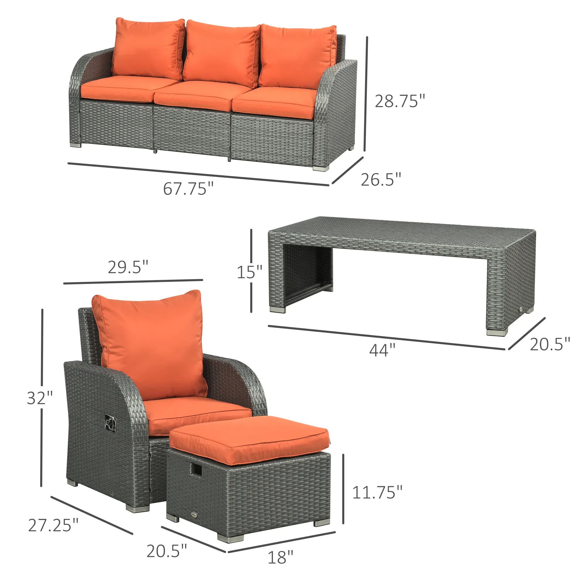 6-Piece PE Wicker Patio Sectional Set, Sofa, 2 Chairs, 2 Footstools, Table, Orange Patio Furniture Sets at Gallery Canada