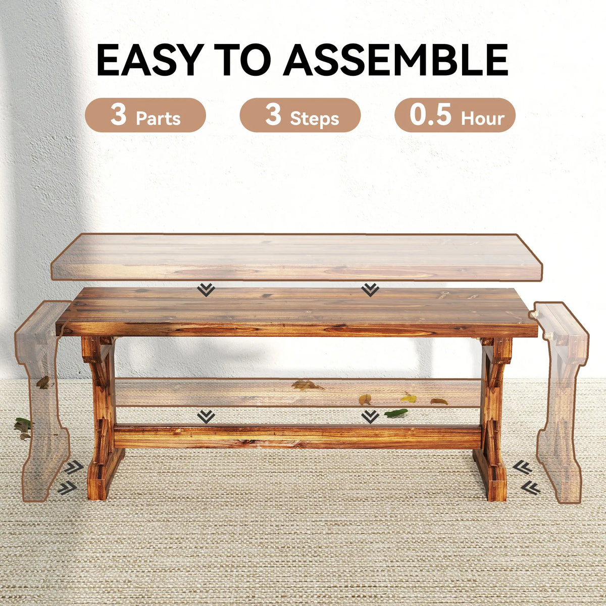 Rustic Wooden Bench, Backless Garden Patio Loveseat, Carbonized Outdoor Benches at Gallery Canada