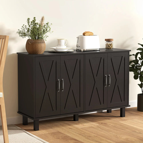 Kitchen Sideboard Cabinet, 4 Barn Doors, 2 Adjustable Shelves, Black