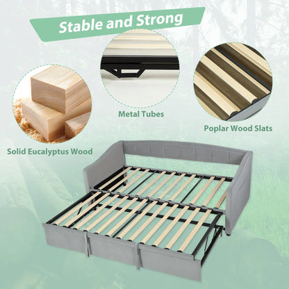 Upholstered Twin Size Trundle Bed, With Headboard And Pockets, Light Grey