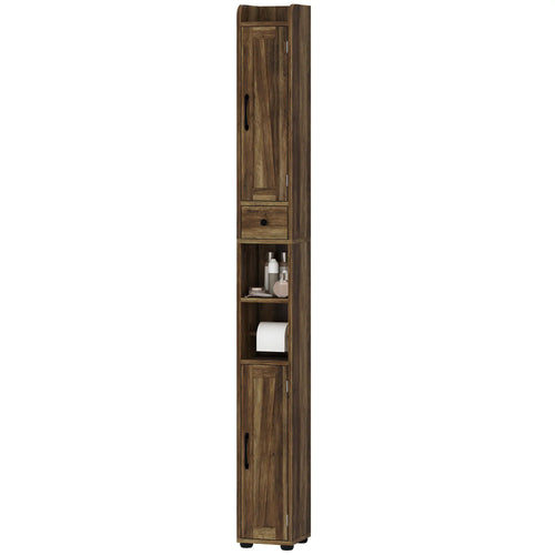 Narrow Bathroom Cabinet, Tall Storage with Barn Doors, Drawer, Adjustable Shelves, Wood Grain, Brown