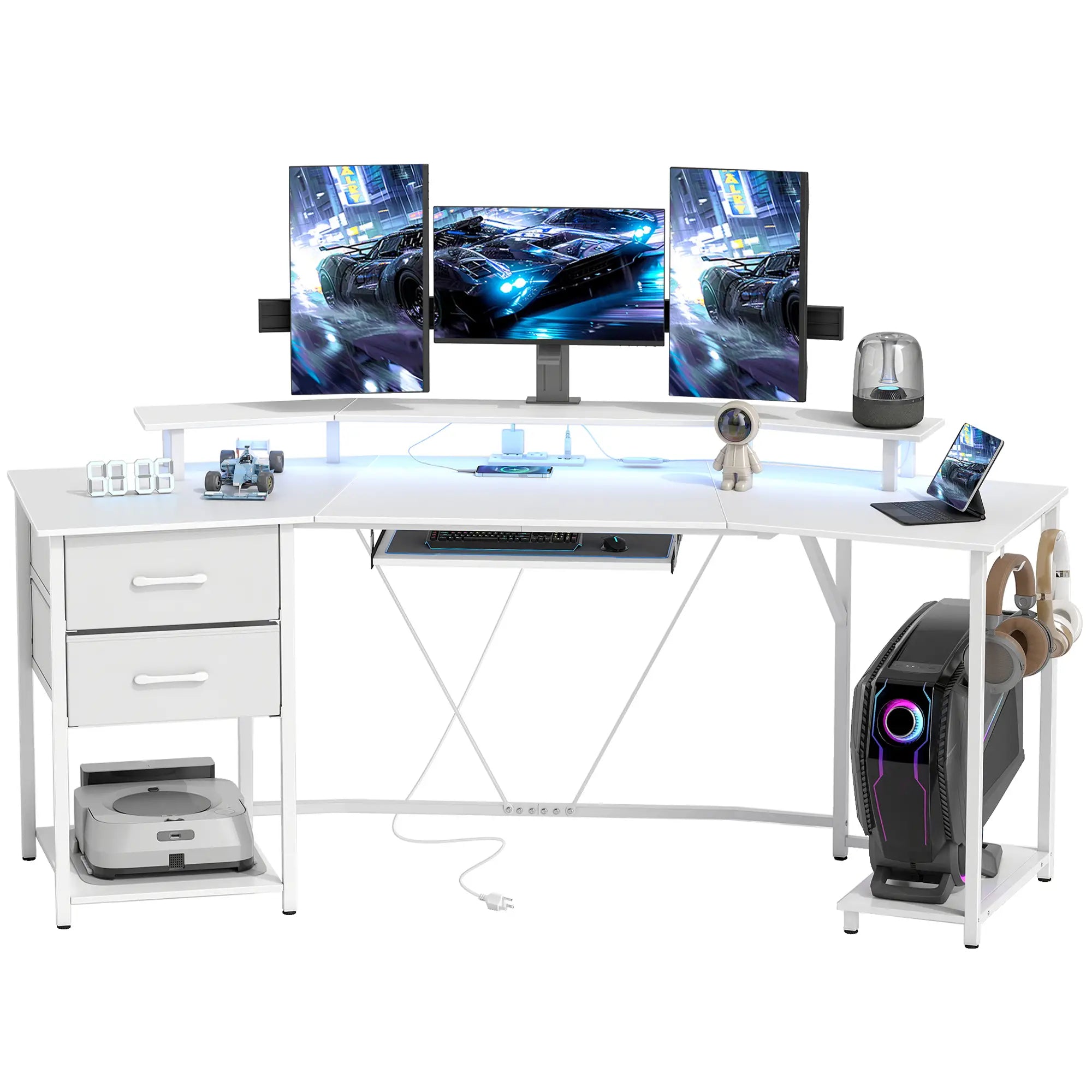 79 Inch Gaming Desk With RGB Lights, Power Outlets, USB Ports, White Gaming Desks White at Gallery Canada