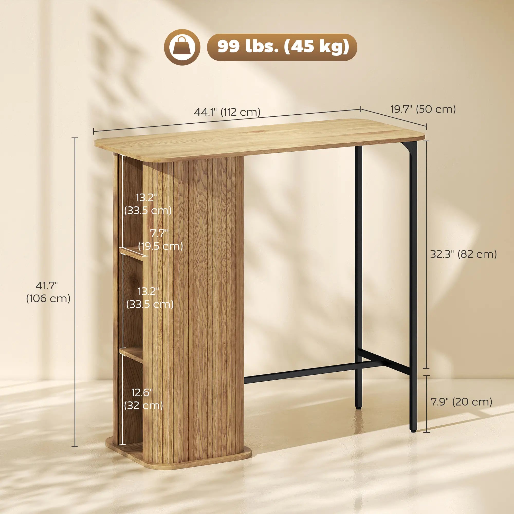 Tambour Bar Height Table, 3 Storage Shelves, Metal Frame, Natural Bar Tables at Gallery Canada