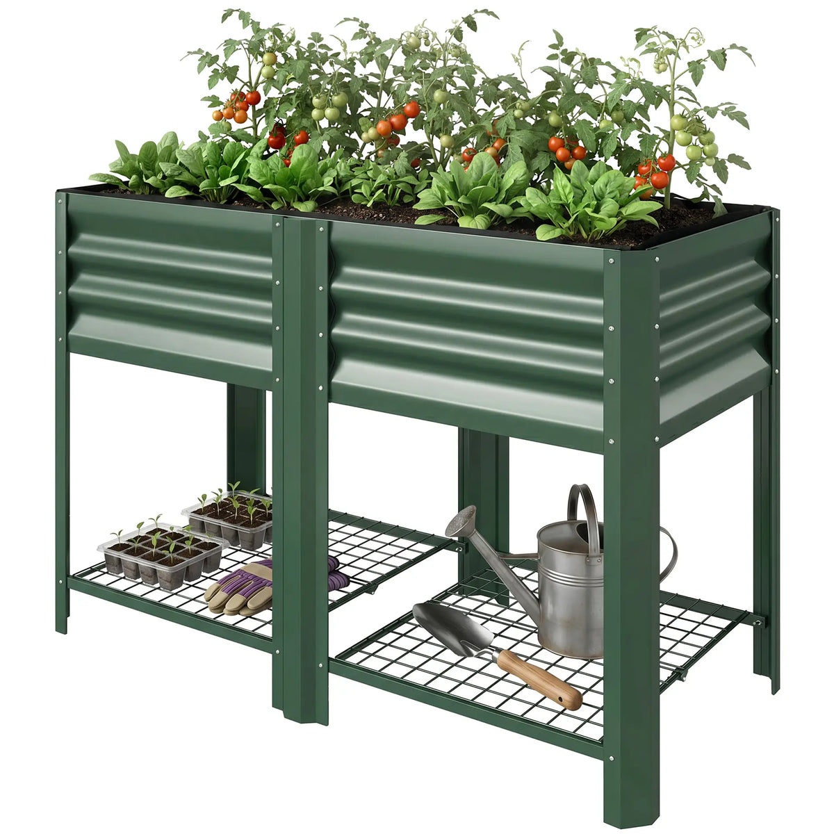 Lit de jardin surélevé vert de 31,5", étagère de rangement, jardinière surélevée, vert