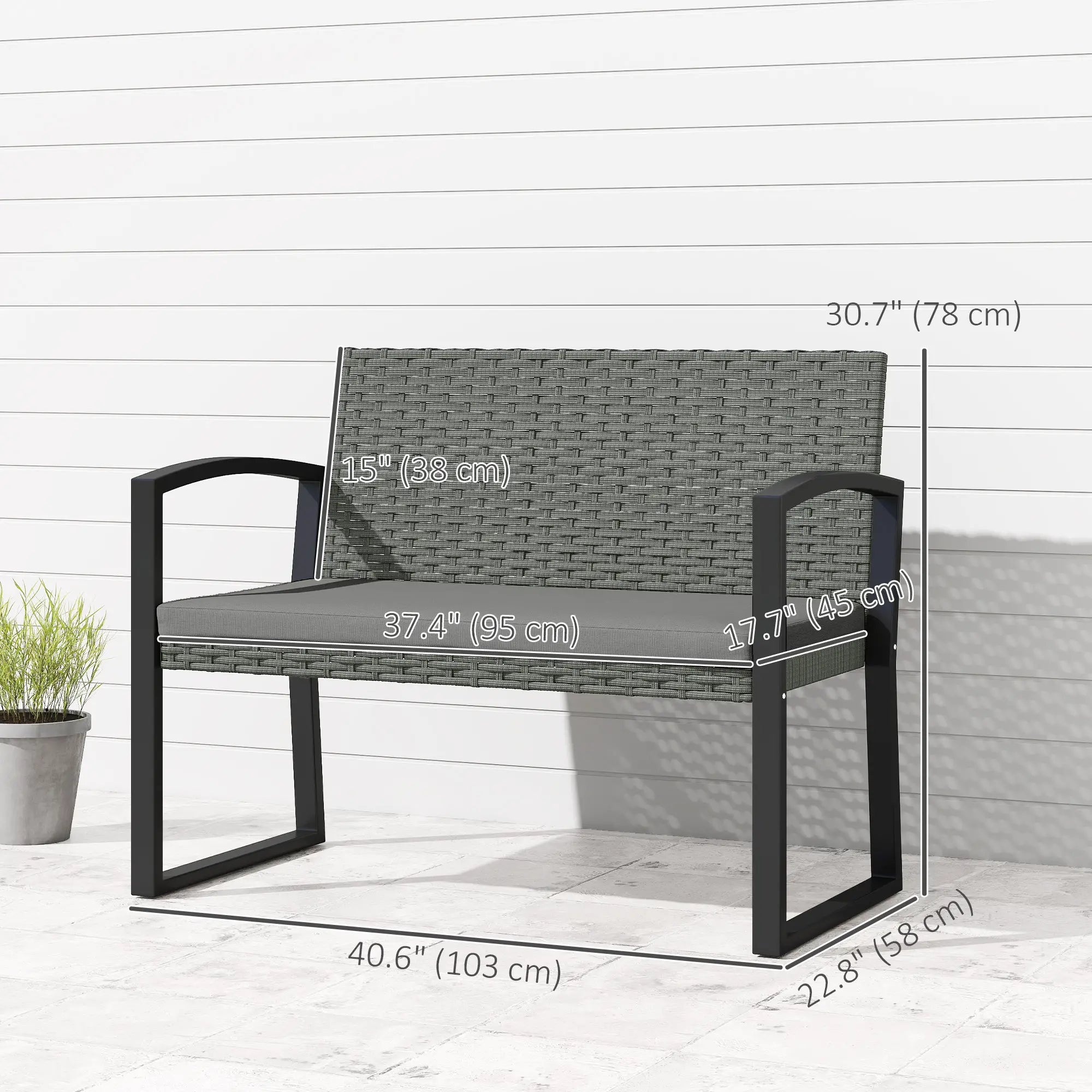 2 Seater Outdoor Rattan Bench with Cushion, Steel Frame, Light Grey Patio Chairs at Gallery Canada