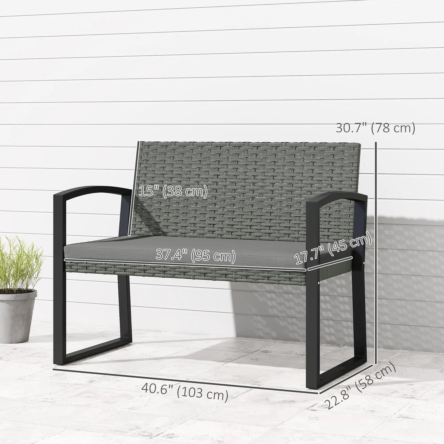 2 Seater Outdoor Rattan Bench with Cushion, Steel Frame, Light Grey Patio Chairs at Gallery Canada