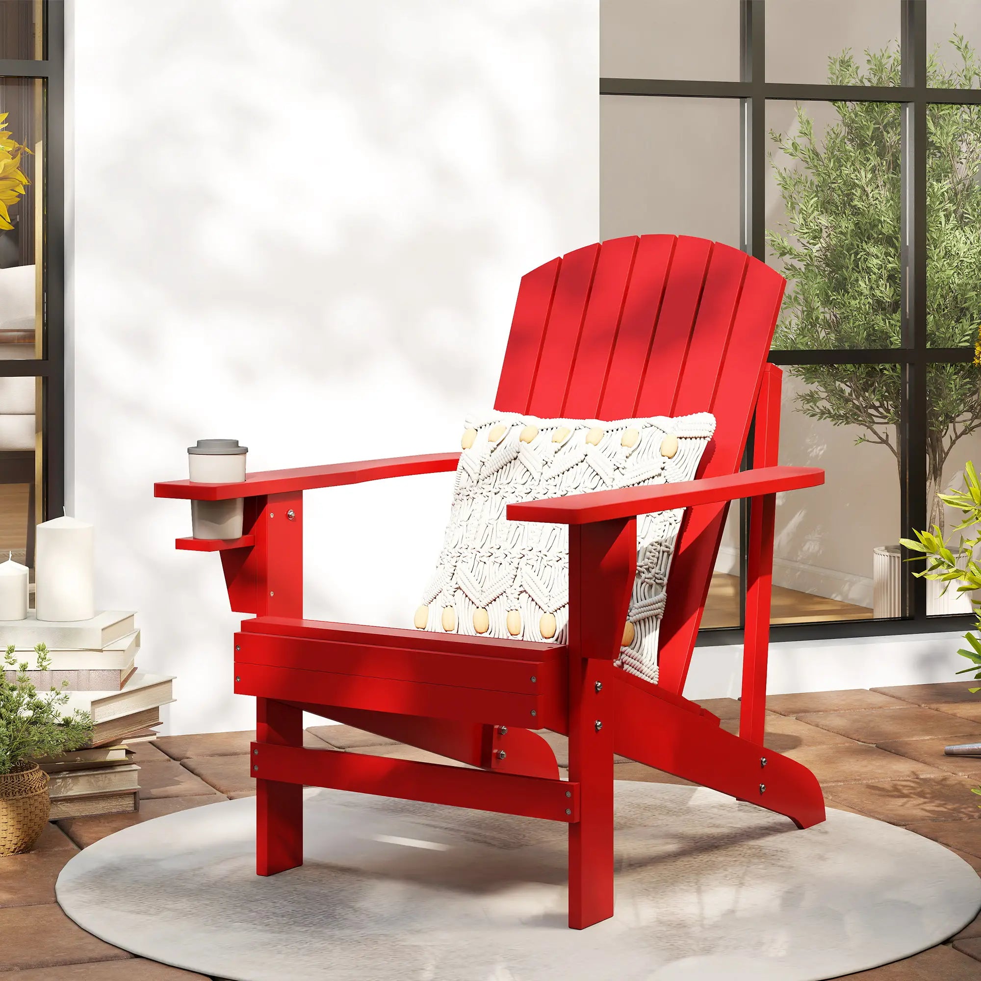 Classic Adirondack Chair, Garden Deck Chair with Cup Holder, Red Patio Chairs at Gallery Canada