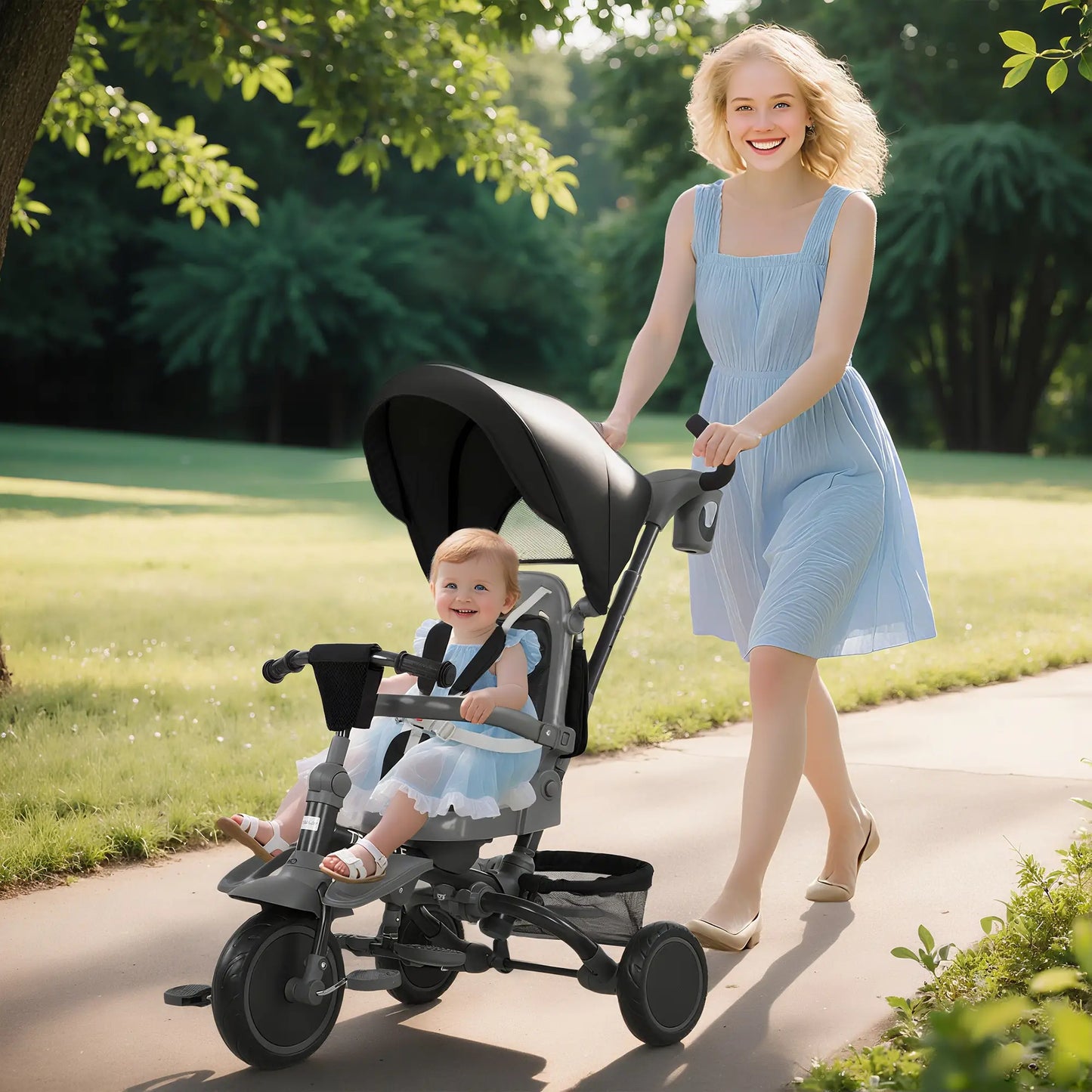 6 in 1 Toddler Tricycle, Push Handle, Removable Canopy, Rotatable Seat, Black Tricycles for Kids at Gallery Canada