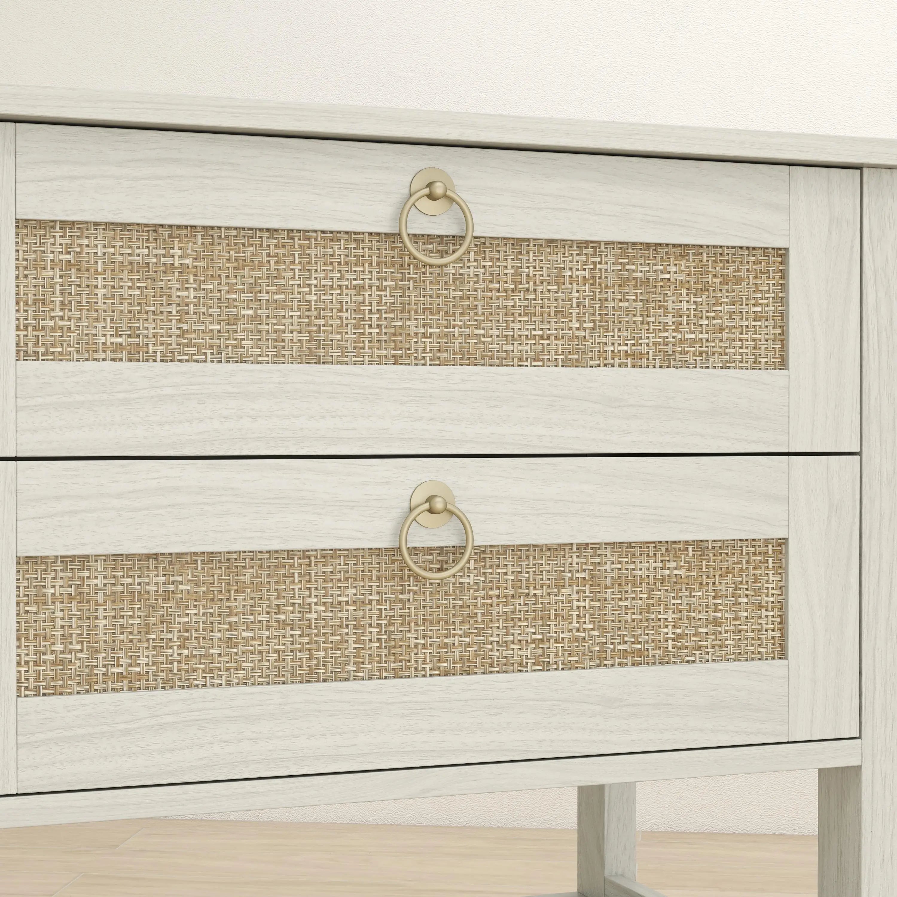 Set Of 2 Rattan Nightstands, 2 Drawers, Storage Shelf, White Oak Bedside Tables at Gallery Canada