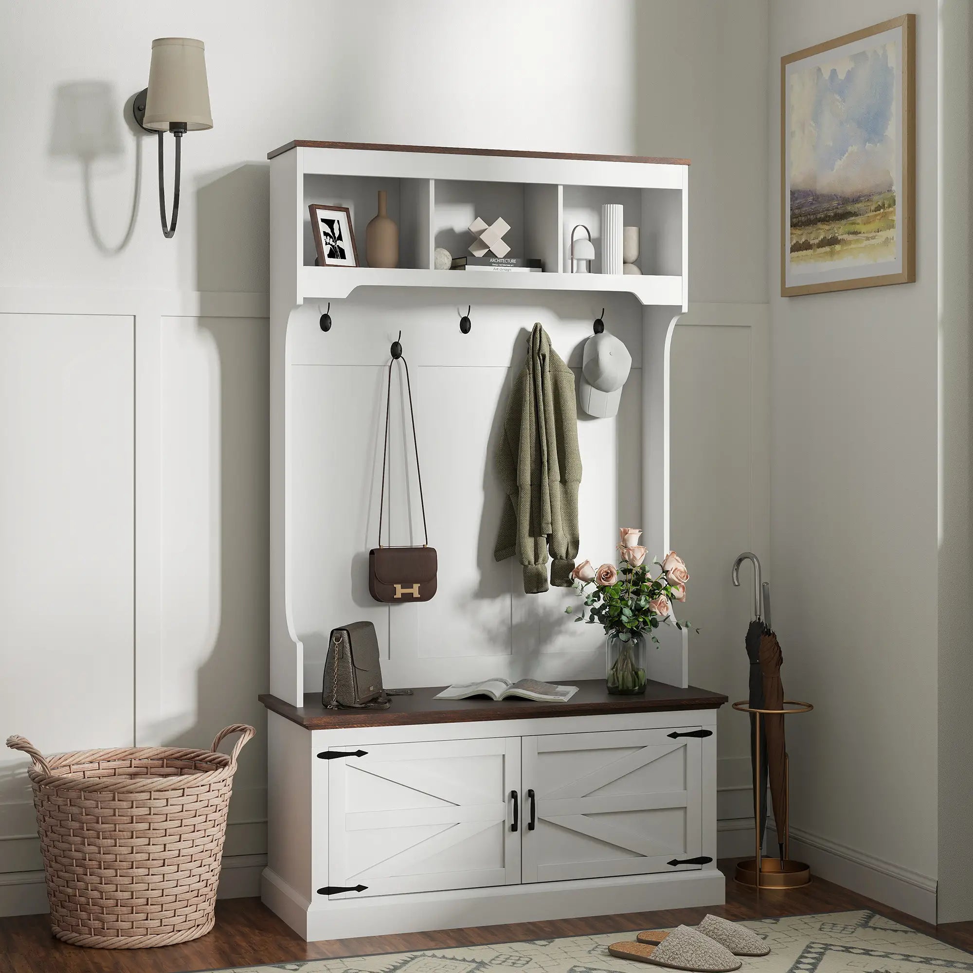 3-in-1 Hall Tree, Bench, Coat Rack with Shoe Storage, White Wood Grain, White Clothing Storage at Gallery Canada