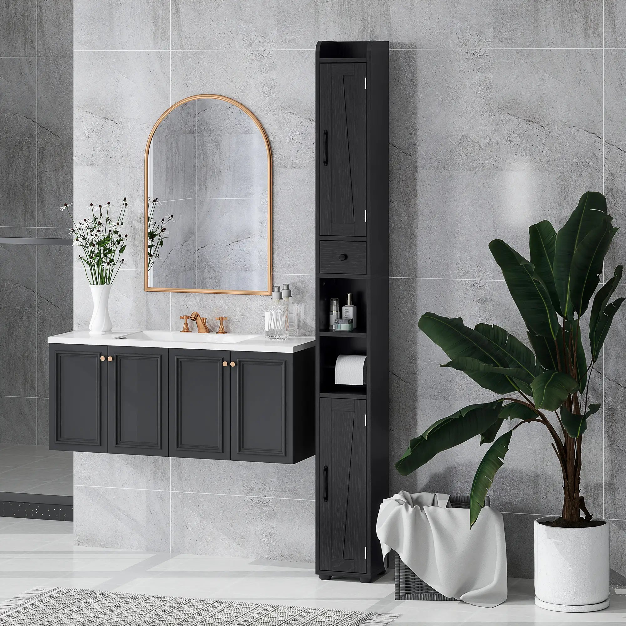 Narrow Bathroom Cabinet, Tall Storage with Barn Doors, Wood Grain, Black Bathroom Cabinets at Gallery Canada