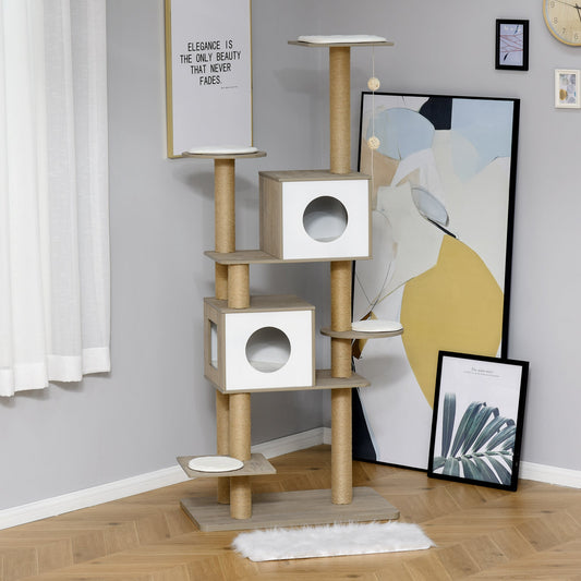 69.75" Wood Cat Tree, Cat Condo Tower with Scratching Post, Toy Ball for Indoor Cats, Light Grey - Gallery Canada