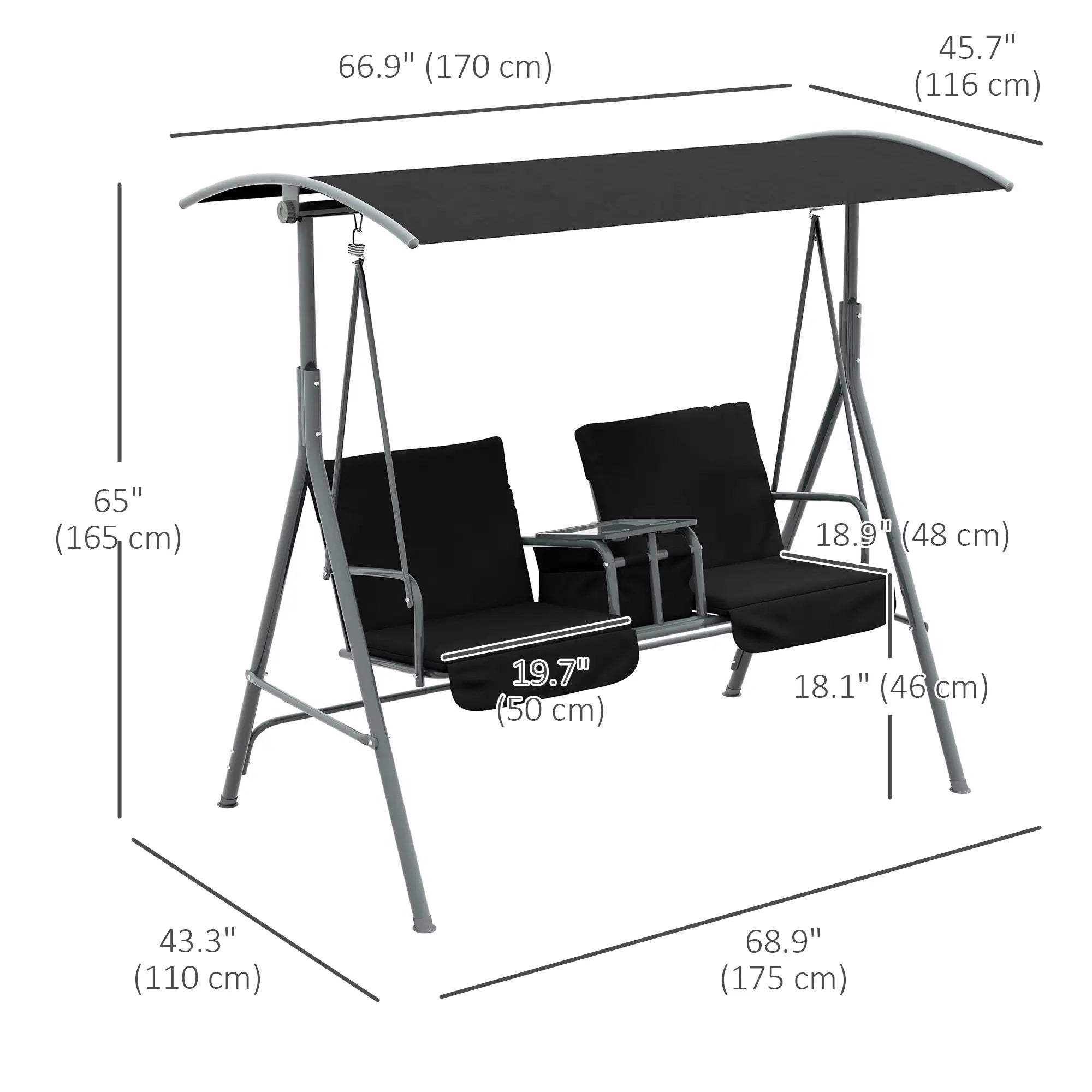 2-Seater Outdoor Porch Swing, Adjustable Canopy, Table, Black Patio Swings with Stand at Gallery Canada