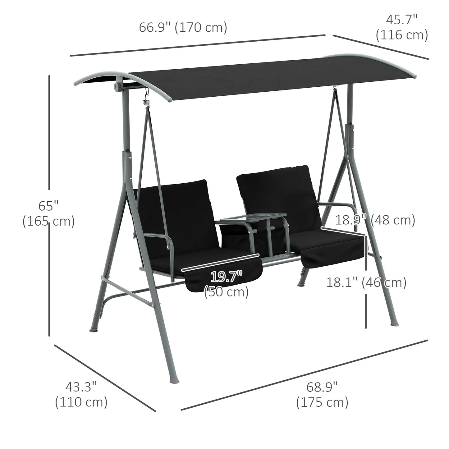 2-Seater Outdoor Porch Swing, Adjustable Canopy, Table, Black Patio Swings with Stand at Gallery Canada