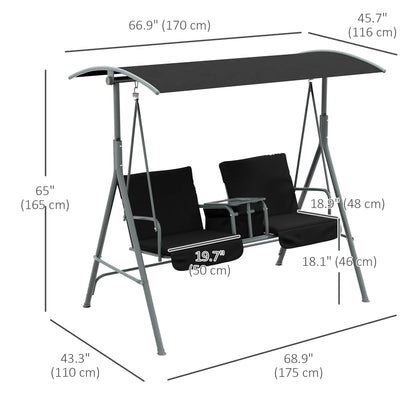 2-Seater Outdoor Porch Swing, Adjustable Canopy, Table, Black Patio Swings with Stand at Gallery Canada