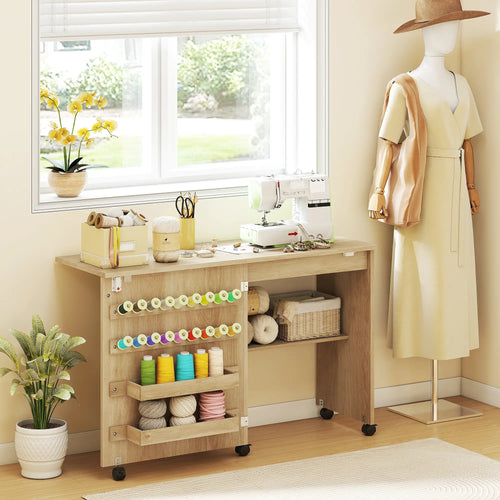 Sewing Machine Table on Wheels, Folding Craft Table with Storage, Natural