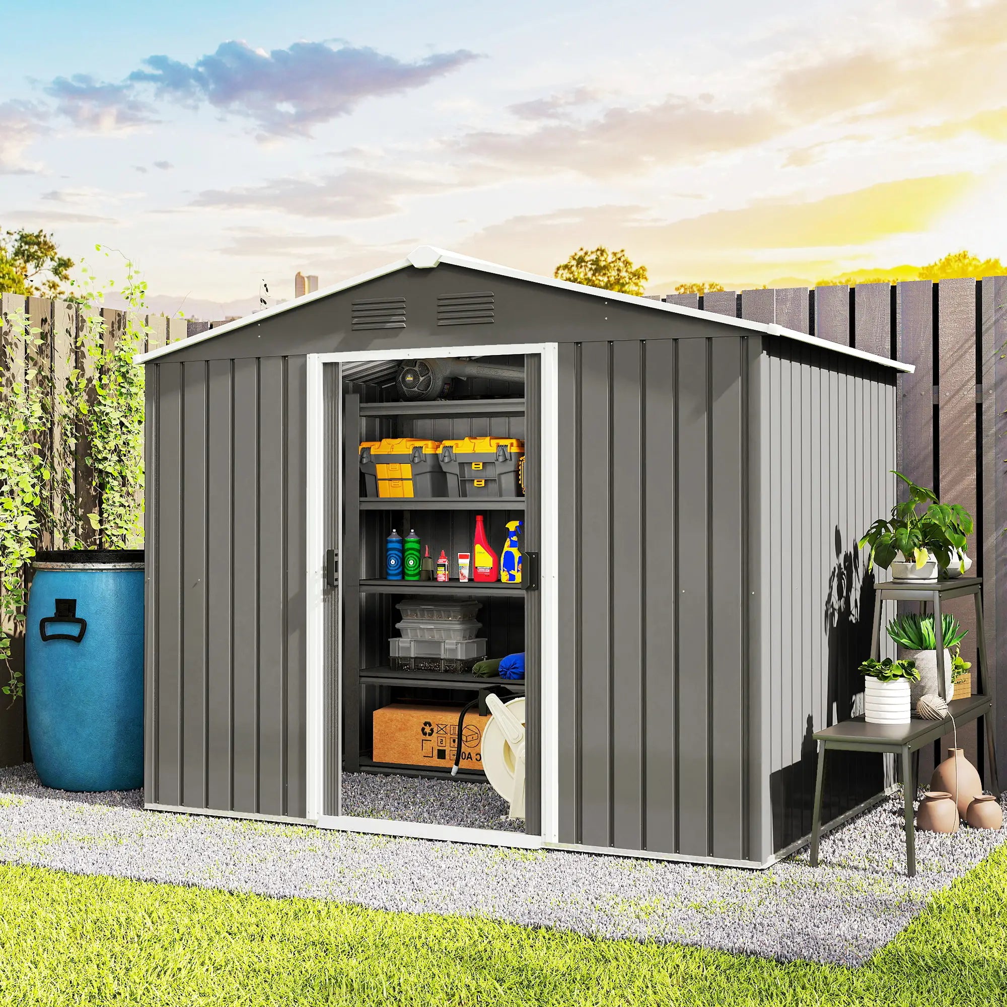 8' x 6' Metal Storage Shed, Lockable Doors, Vents, Light Grey Sheds at Gallery Canada