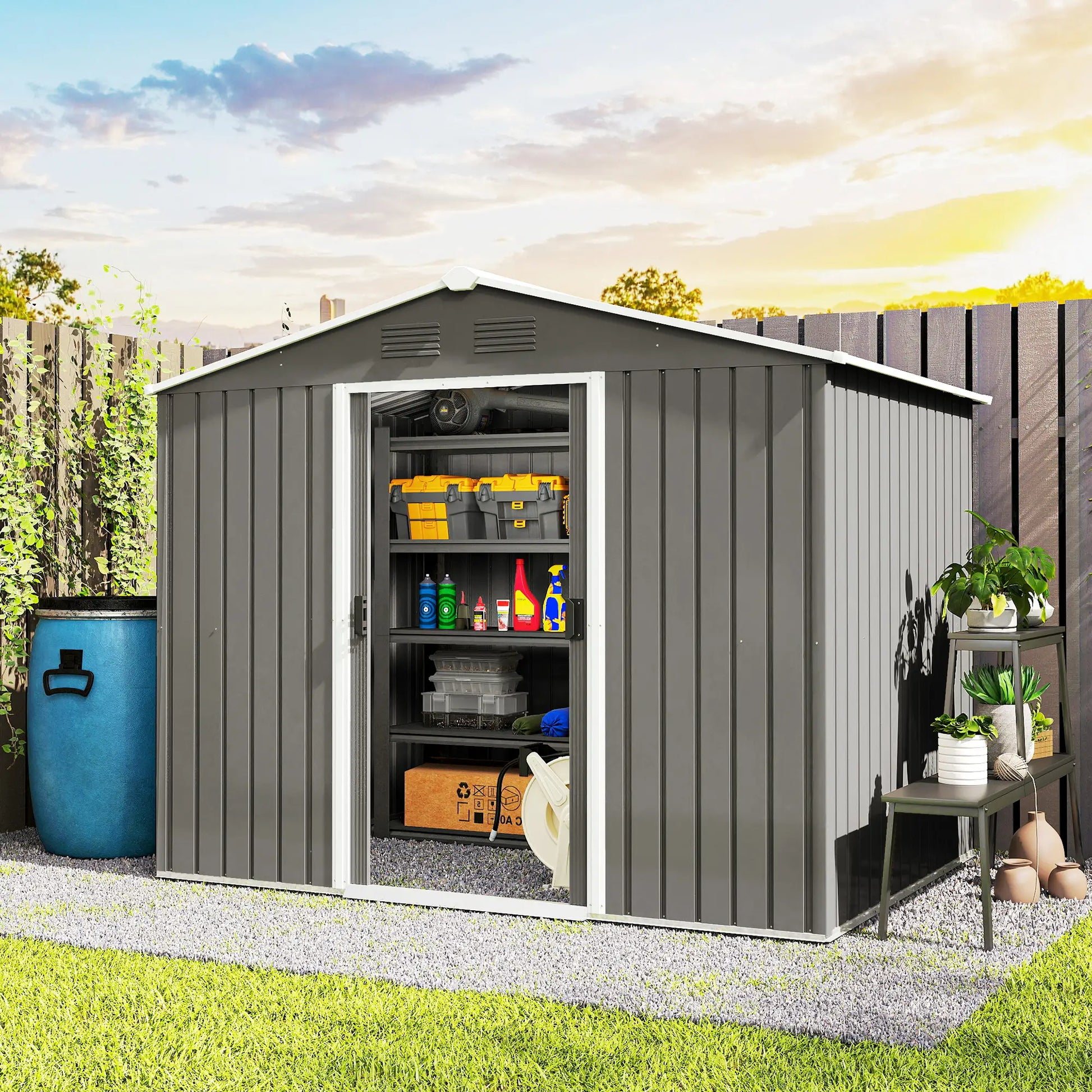 8' x 6' Metal Storage Shed, Lockable Doors, Vents, Light Grey Sheds at Gallery Canada