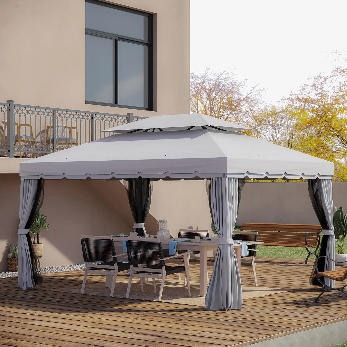13' x 10' Outdoor Gazebo, 2-Tier Polyester Roof, Vented Mesh Sidewall, Aluminum Frame, Grey Gazebos at Gallery Canada