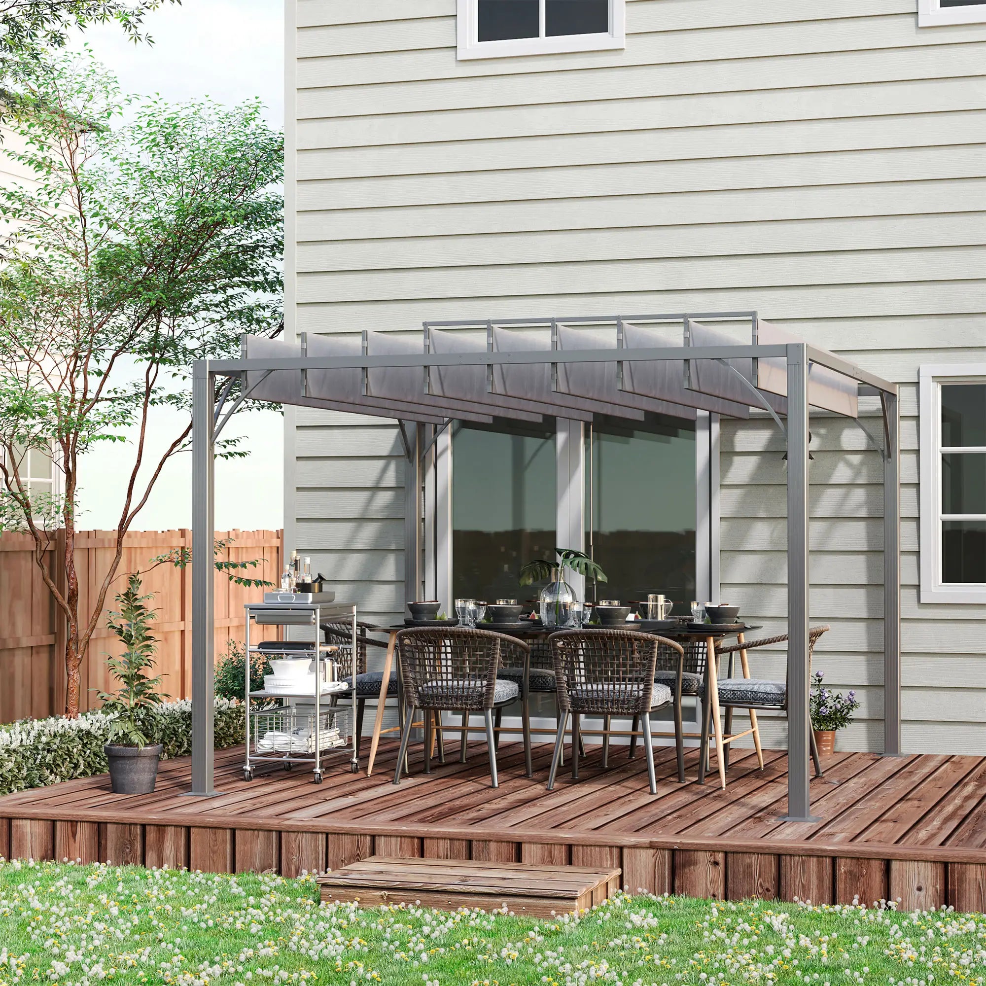 9.5' x 9.7' Outdoor Pergola, Retractable Roof, Aluminium Louvered Canopy, Grey Pergolas at Gallery Canada