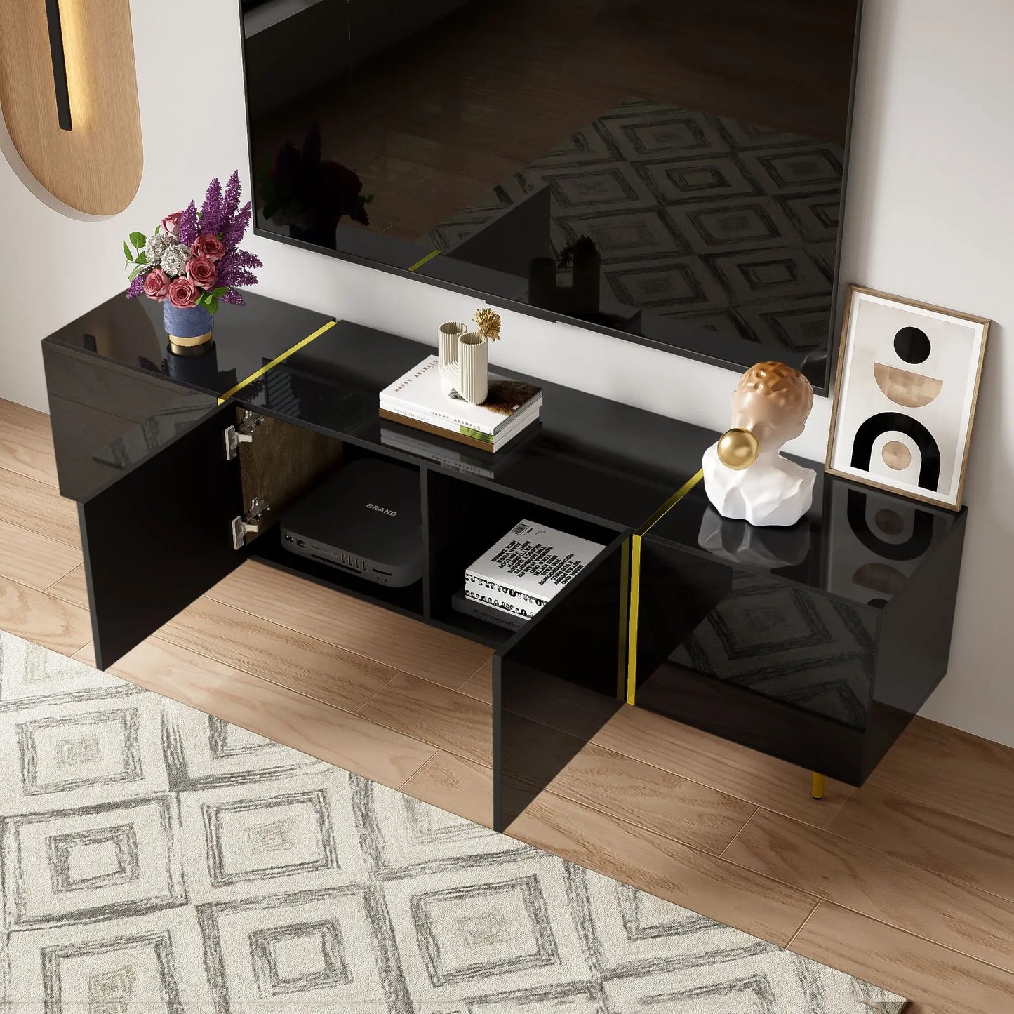 Modern TV Stand, 4 Doors, Soft-Close Hinges, 67" L x 13.5" W x 18" H, Black TV Stands at Gallery Canada