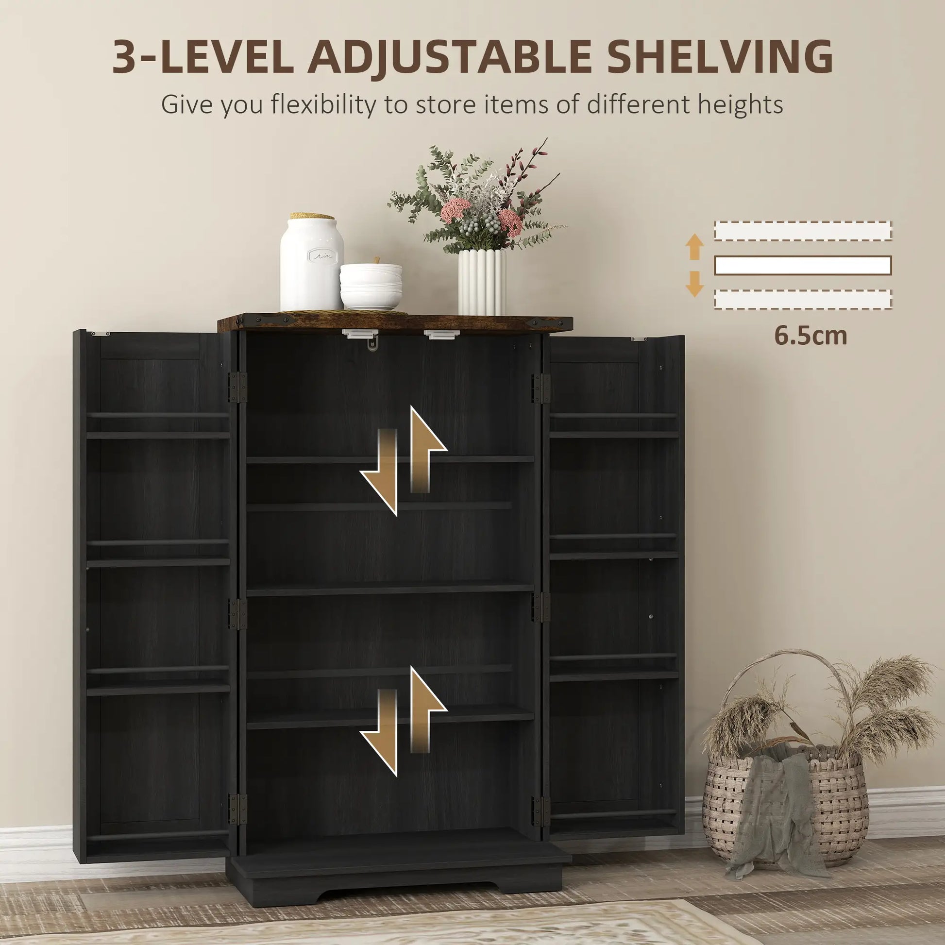 Farmhouse Kitchen Pantry Cabinet, Adjustable Shelves, Black Kitchen Pantry Cabinets at Gallery Canada