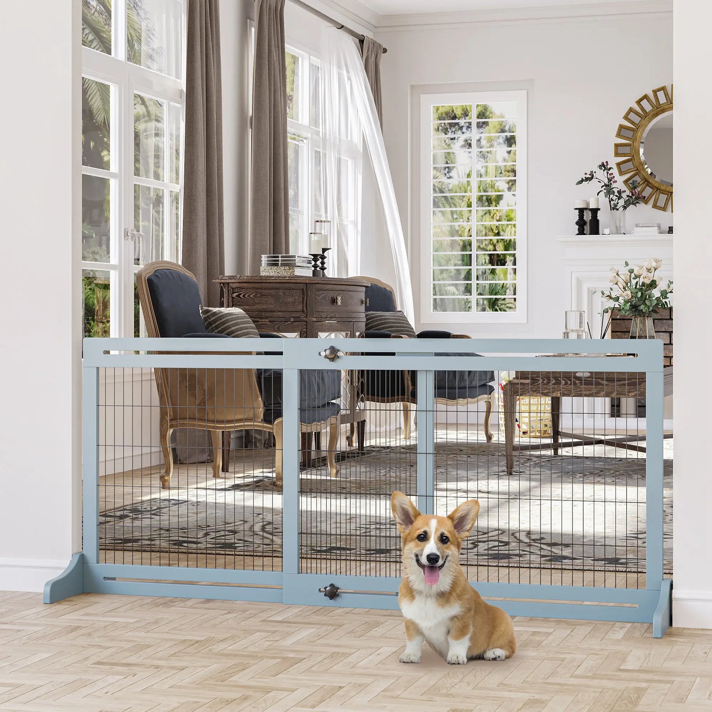 41"-72" Wooden Pet Gate, Support Feet, Small Medium Dogs, Grey-Blue Houses, Kennels & Pens at Gallery Canada