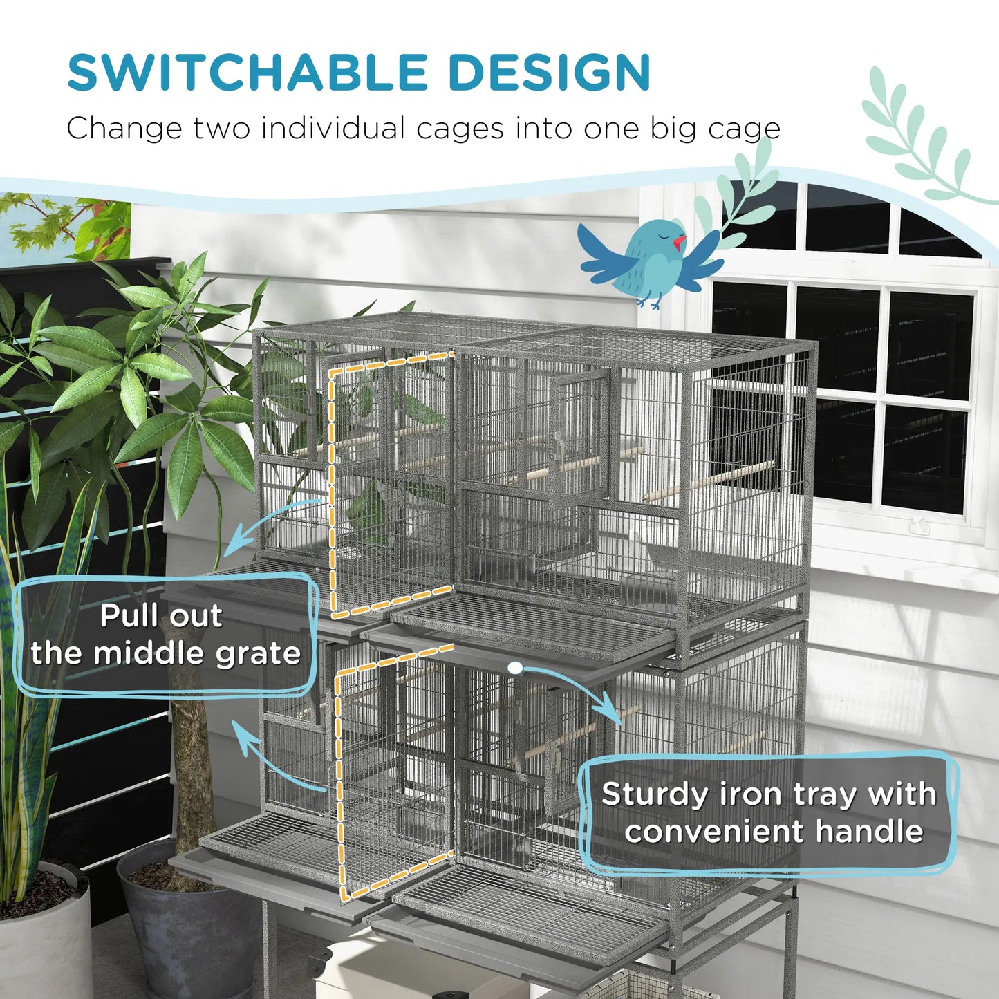 61"H Divided Breeder Bird Cage, Rolling Stand, Removable Tray, Dark Grey Bird Cages at Gallery Canada