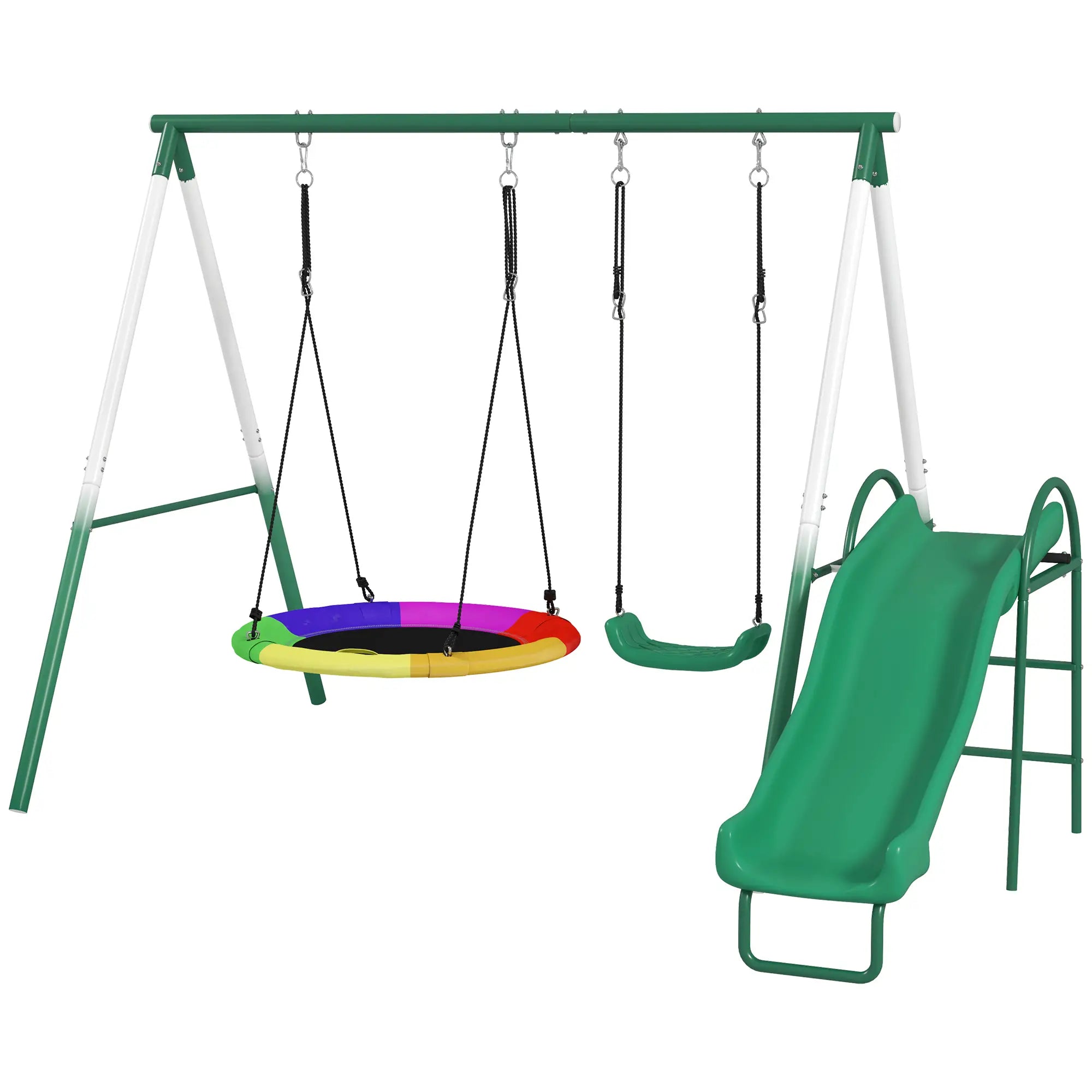 Metal Swing Set With Slide, Saucer Swing Seat, Dark Green Gym Sets & Swings Dark Green, White, Black at Gallery Canada