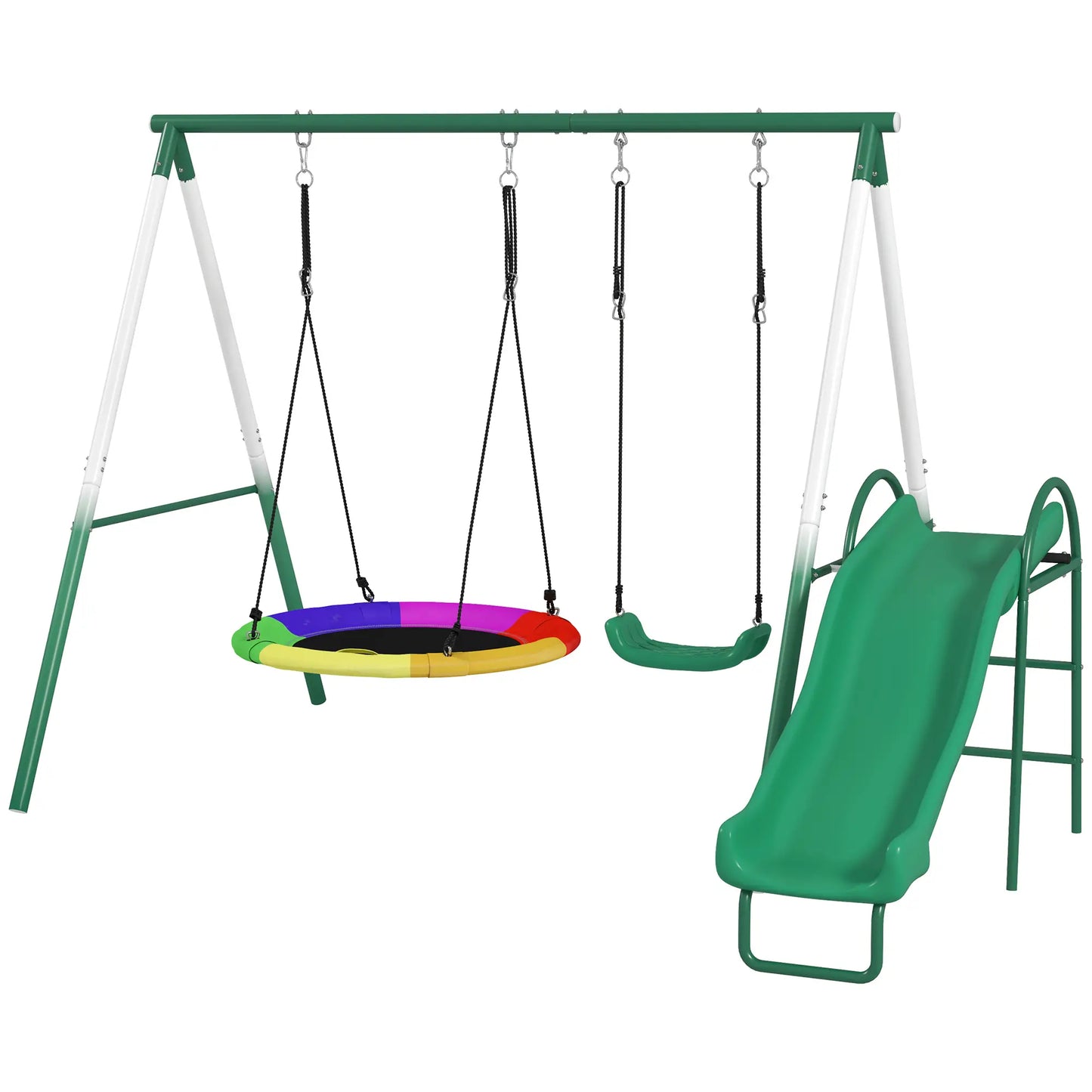 Metal Swing Set With Slide, Saucer Swing Seat, Dark Green Gym Sets & Swings Dark Green, White, Black at Gallery Canada