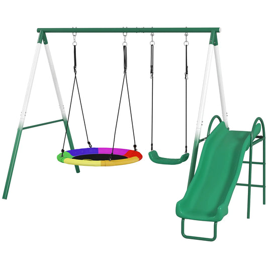 Metal Swing Set With Slide, Saucer Swing Seat, Dark Green Gym Sets & Swings Dark Green, White, Black at Gallery Canada
