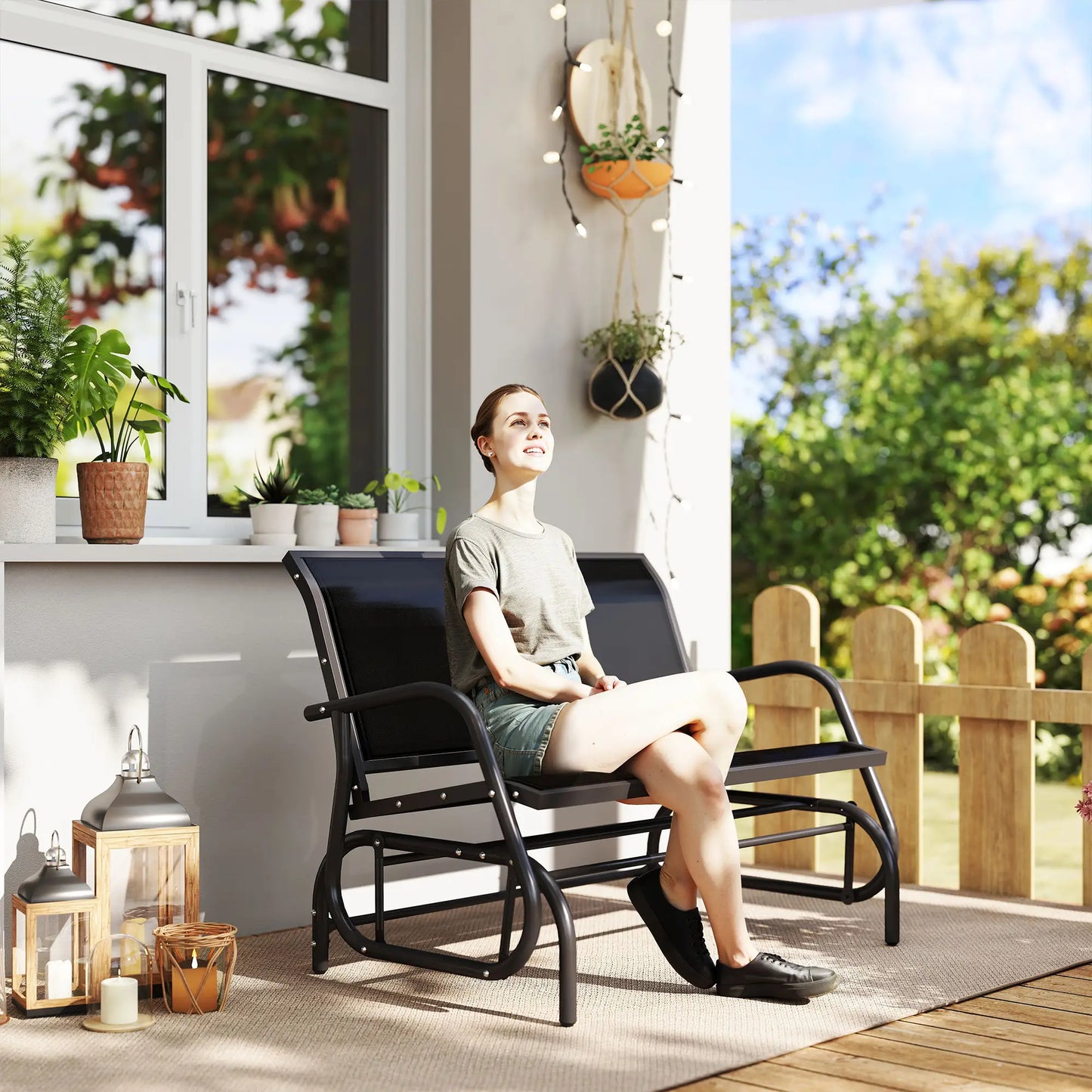 Double Glider Bench Swing, Heavy-Duty Steel Frame, Sling Fabric Seat, Black Outdoor Gliders at Gallery Canada