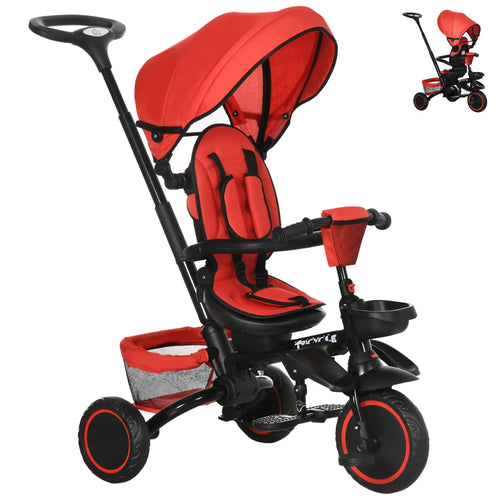 6-in-1 Toddler Tricycle, Foldable, Adjustable Seat, Push Handle, Red