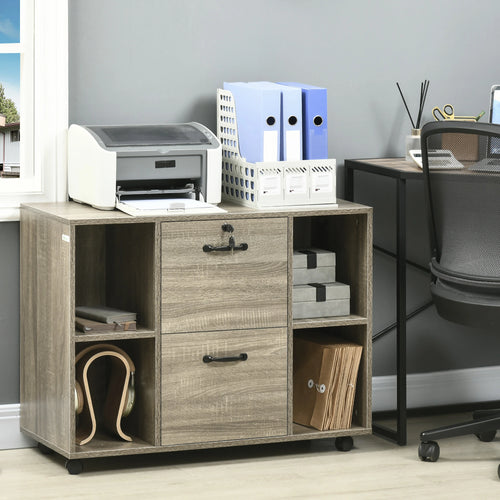 Lateral Filing Cabinet with Wheels, Lockable Drawer, Open Shelves, Grey