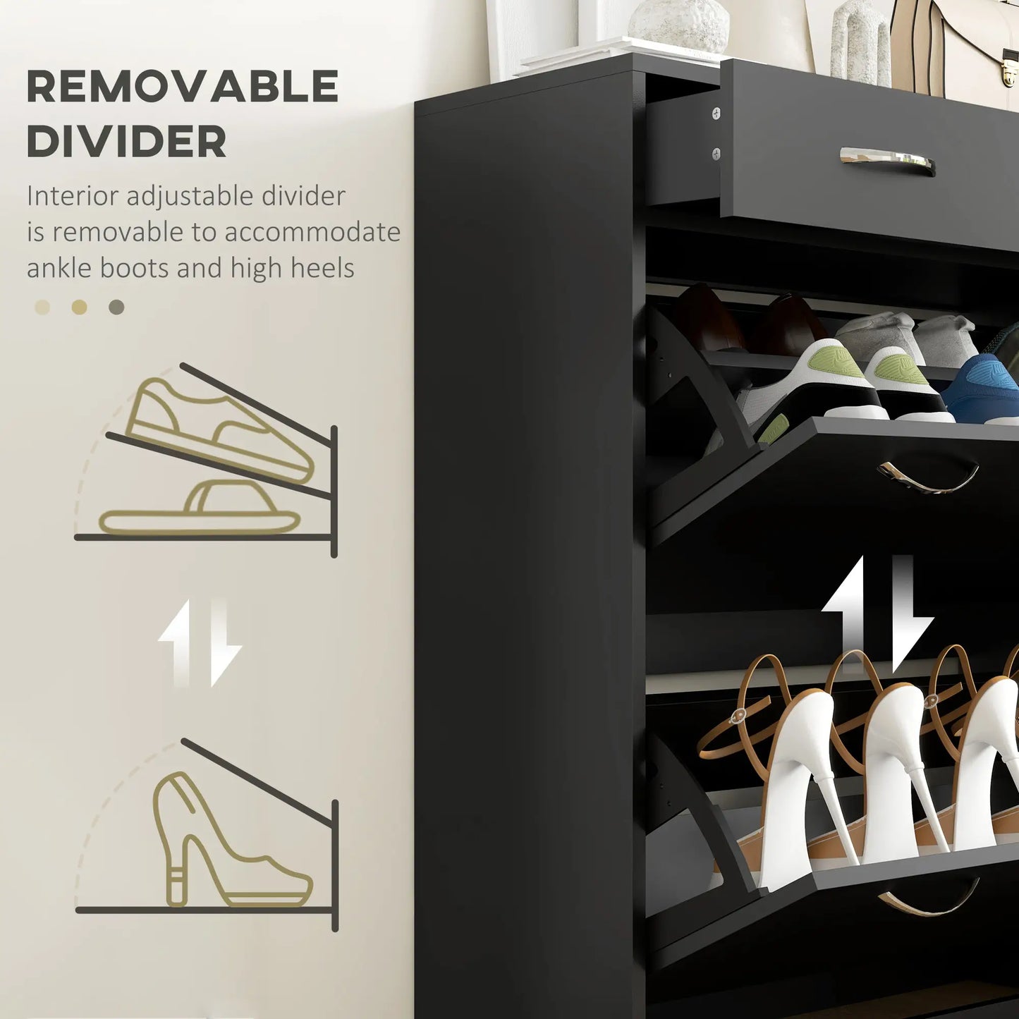 Narrow Shoe Storage, 2 Flip Drawers, Adjustable Shelves, Holds 12 Pairs, Black Shoe Storage Cabinets & Racks at Gallery Canada