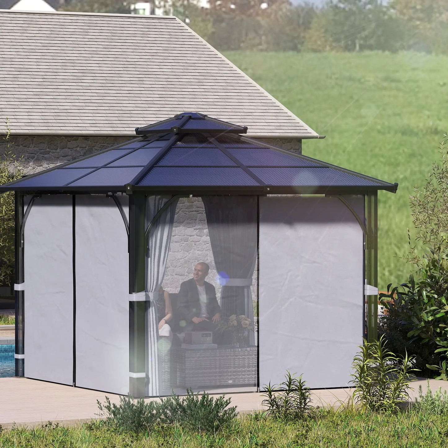 10' x 10' Hardtop Gazebo, 7mm Double Polycarbonate Roof, Netting, Curtains Gazebos at Gallery Canada
