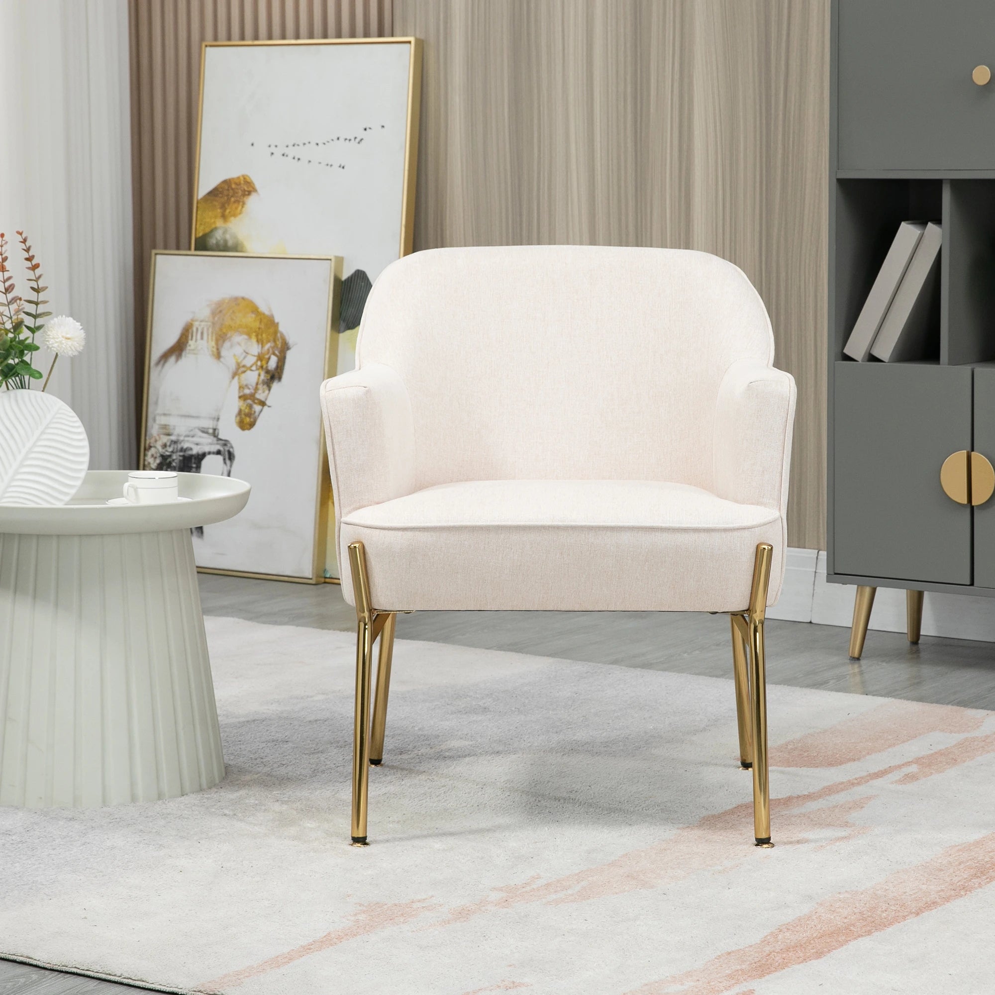 Modern Fabric Armchair, Metal Legs Accent Chair, White Cream Accent Chairs at Gallery Canada