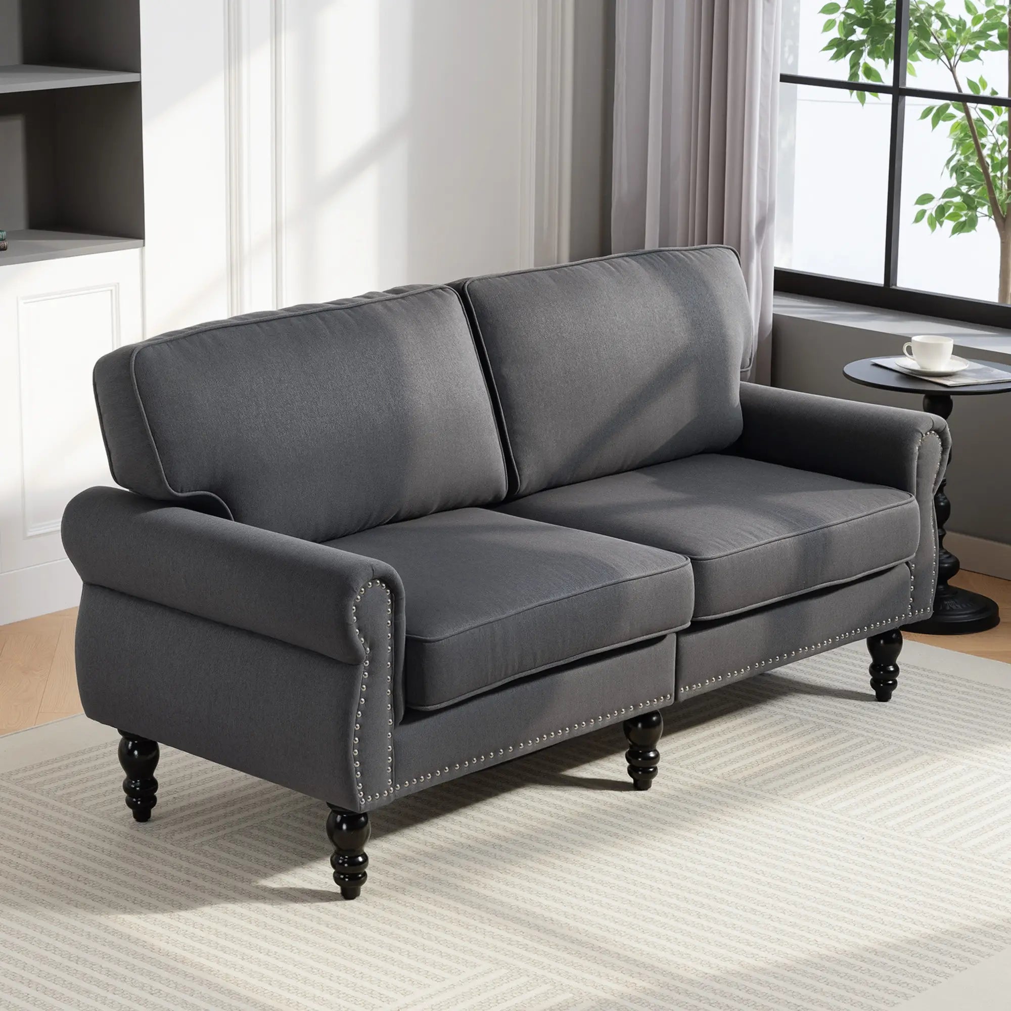 Midback Double Sofa, Sponge Padding, 2 Seater, Rubber Wood Leg, Dark Grey 2-Seater Sofas at Gallery Canada