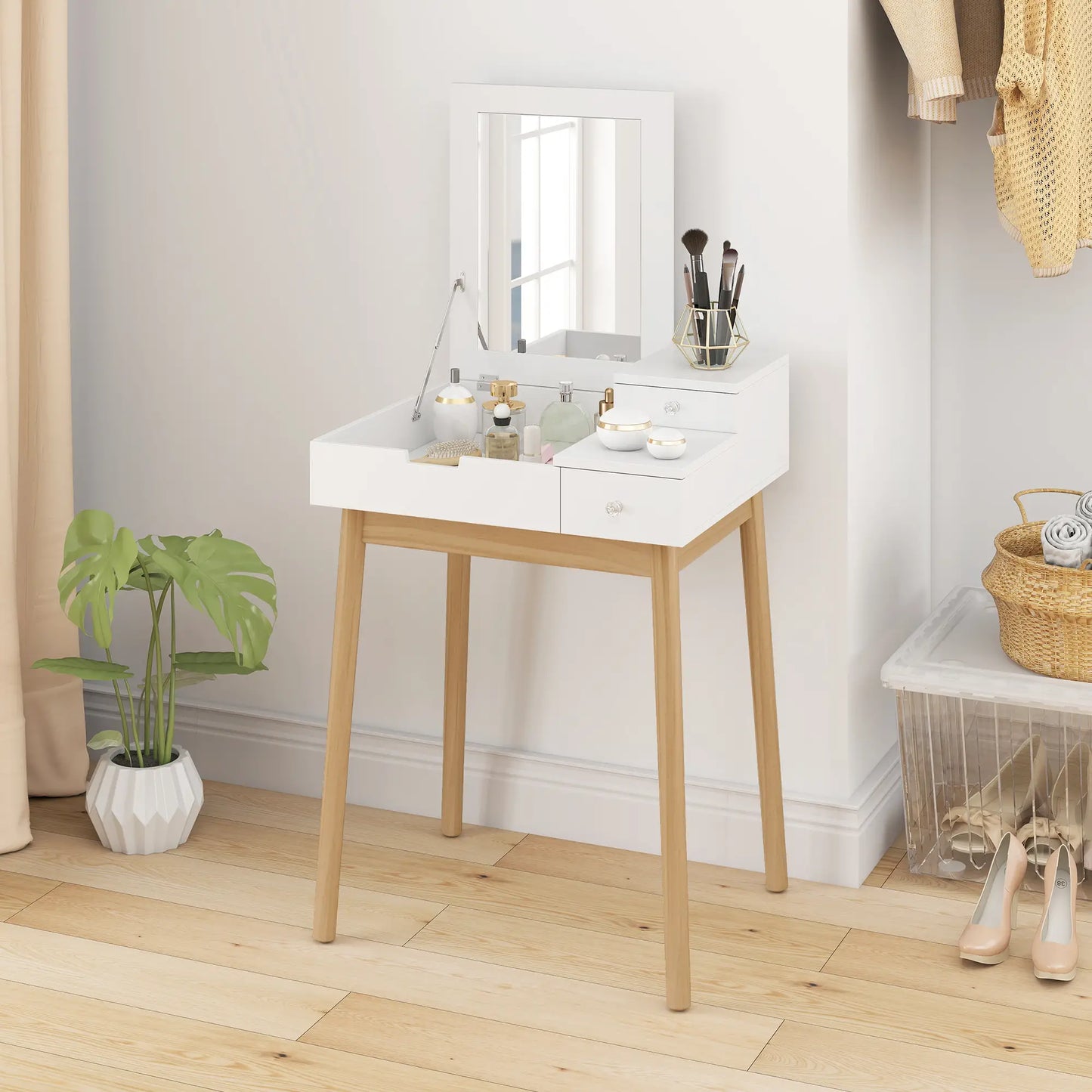 Modern Makeup Vanity Table, Flip-Up Mirror, 2 Drawers, White Dressing & Vanity Tables at Gallery Canada