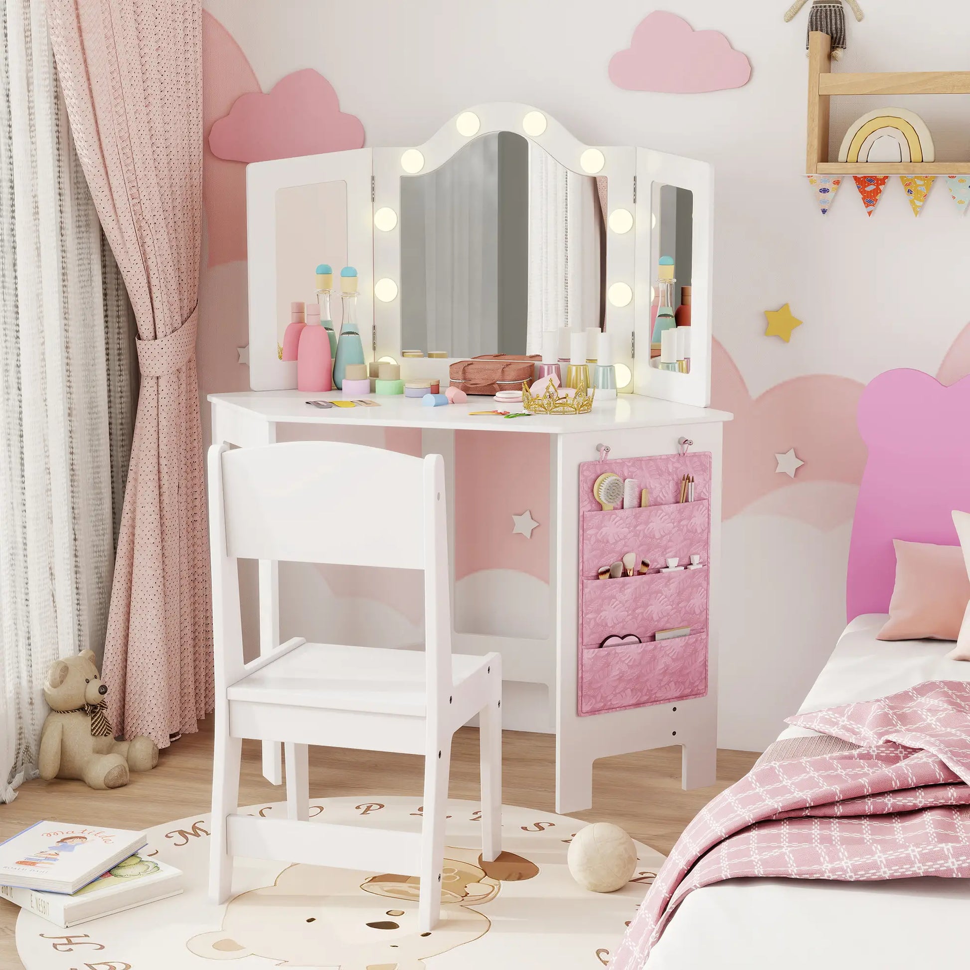 Kids Vanity Table and Chair Set with Lights, Tri-Fold Mirror, White Kids Bedroom Furniture at Gallery Canada